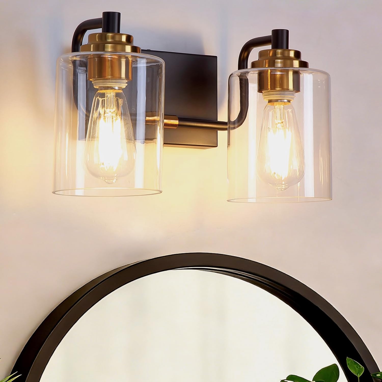 2-Light Black & Gold Vanity Light Fixture with Clear Glass Shades — E26 Base