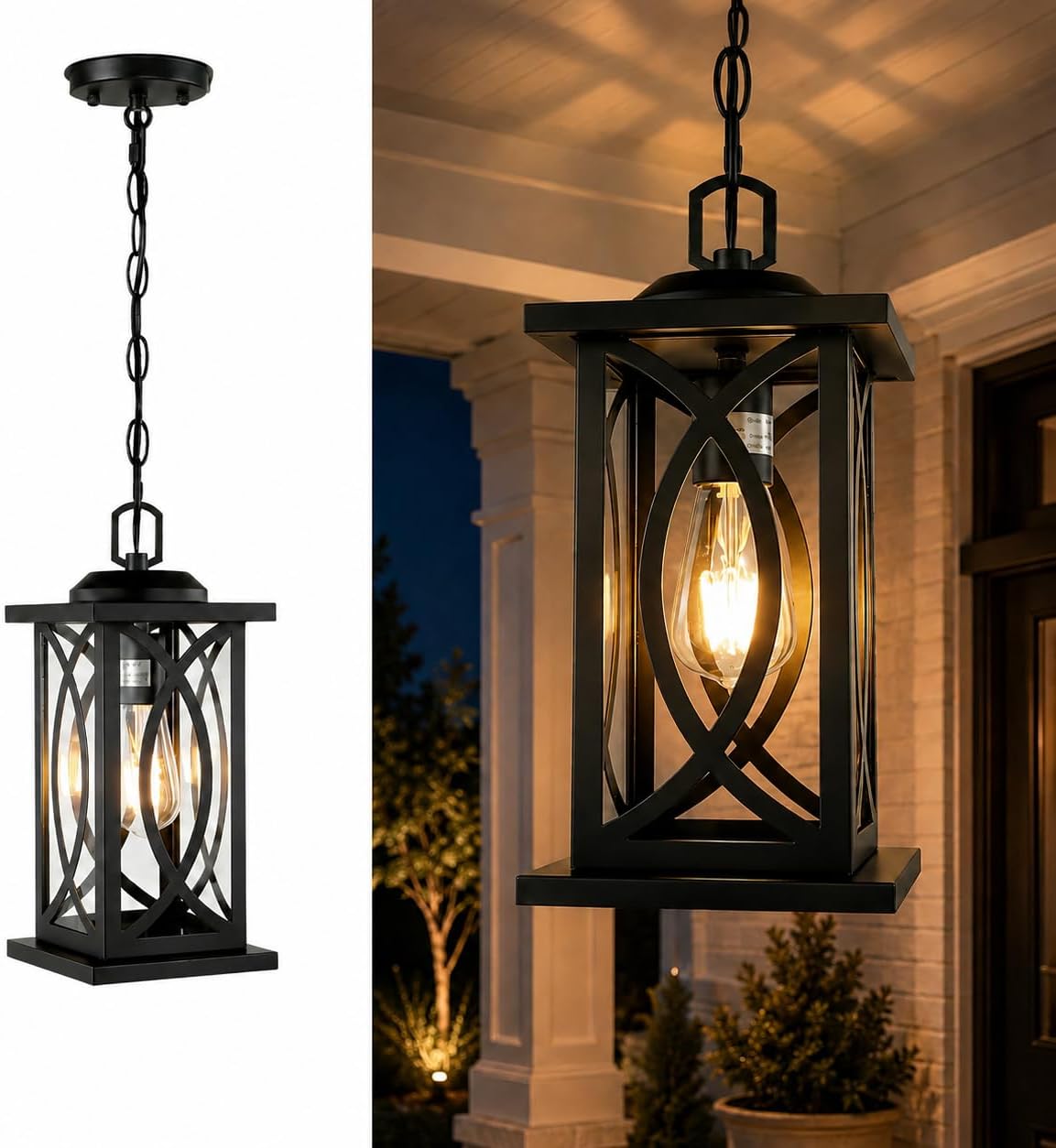 Matte Black Farmhouse Outdoor Pendant Light | Cross Grid, Clear Glass, E26, 48" Adjustable Chain