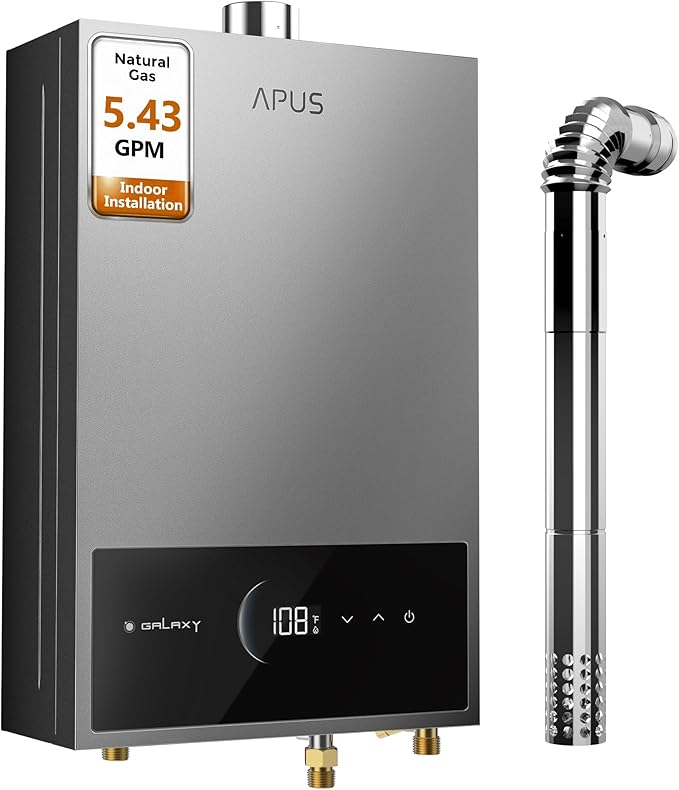 Indoor Natural Gas Tankless Water Heater – 120,000 BTU, 5.5 GPM, Space Gray with LED Touchscreen