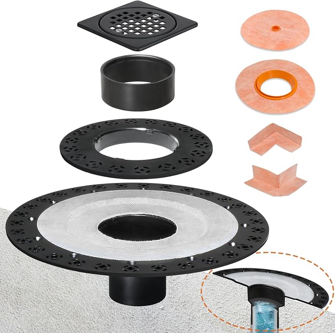 2-Inch Square Shower Drain Kit with Matte Black 304 Stainless Steel Grate — Schluter Kerdi Compatible
