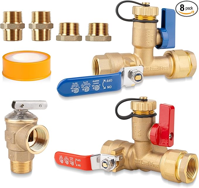 All-Brass Tankless Water Heater Valve Kit – 8-Piece Installation & Flushing Set with 3/4" and 1/2" NPT Adapters