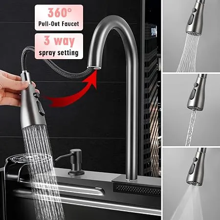 Stainless steel kitchen sink with faucet and accessories