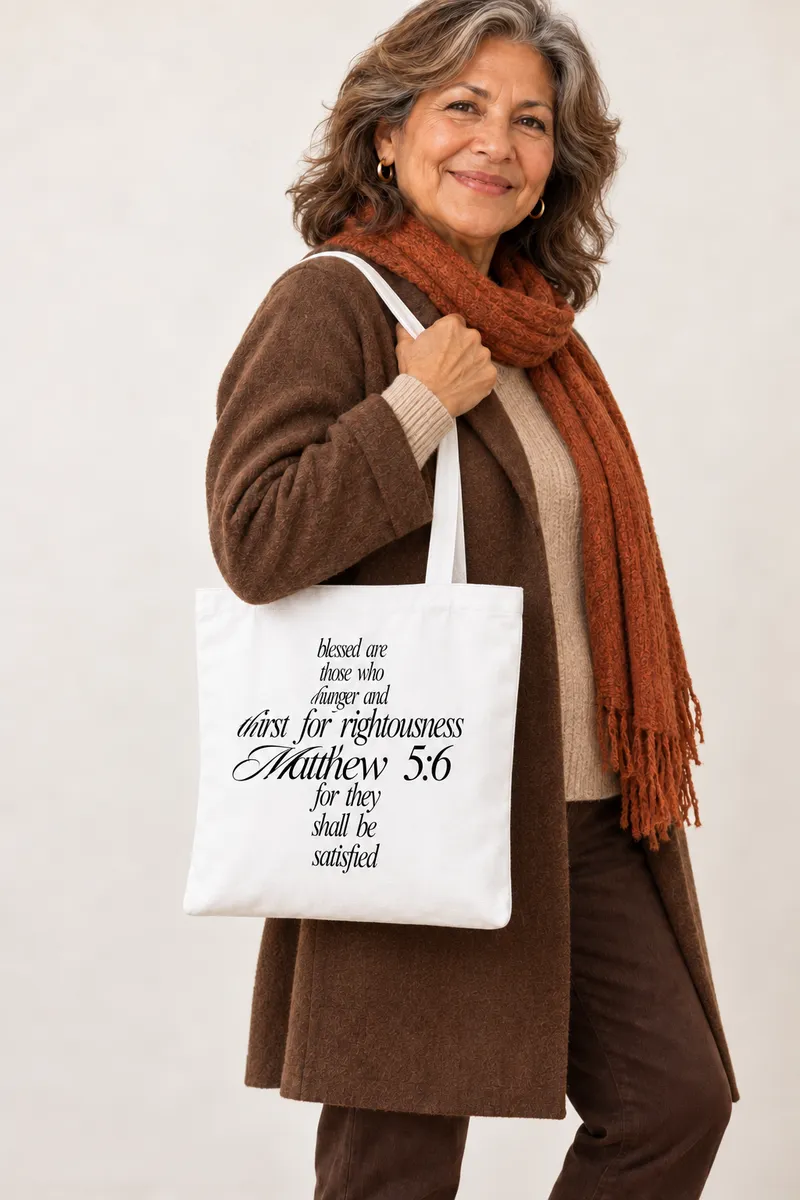 Matthew 5:6 printed in black with logo on the back