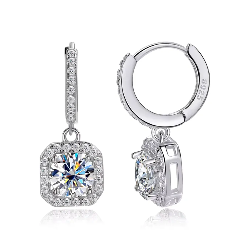 GRA Certified Moissanite Halo Drop Hoop Earrings