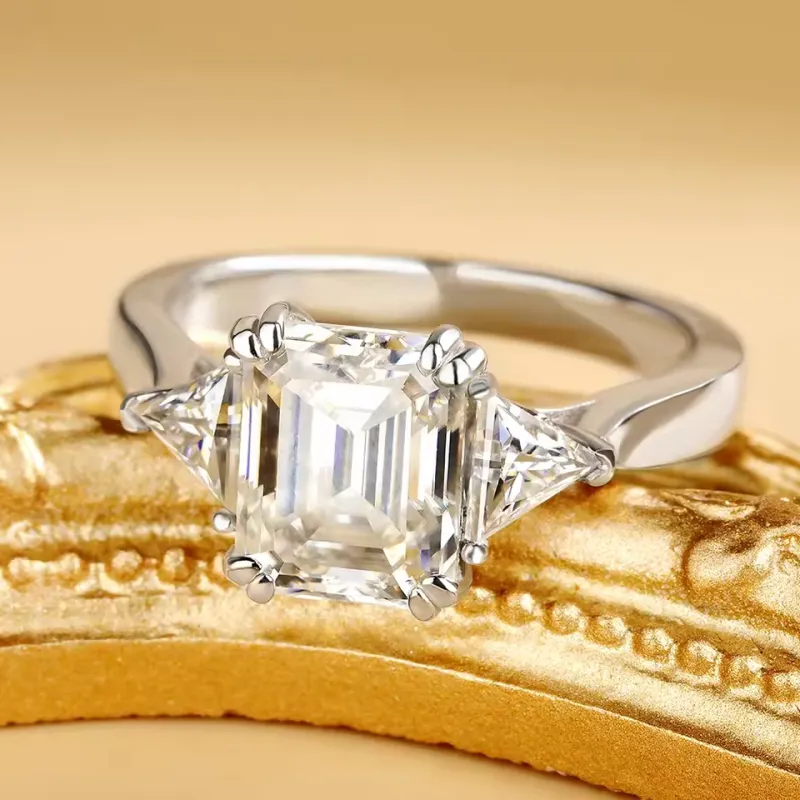 5cttw Full Moissanite Emerald & Triangle Cut Engagement Ring