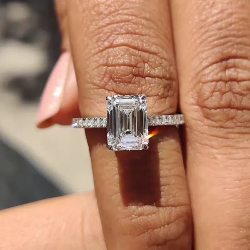 Emerald Cut Full Moissanite Hidden Halo Engagement Ring