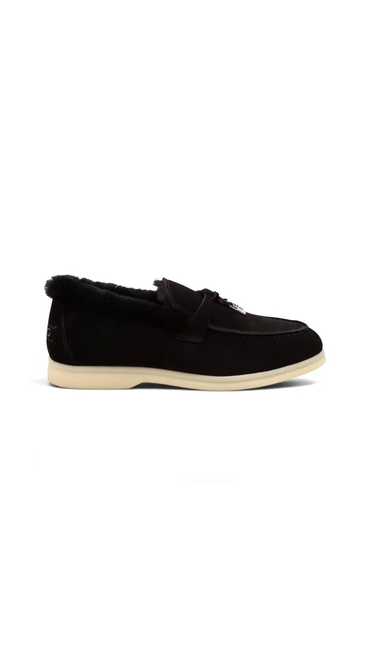 Loro Piana Summer Charms Walk Black suede fur slippers