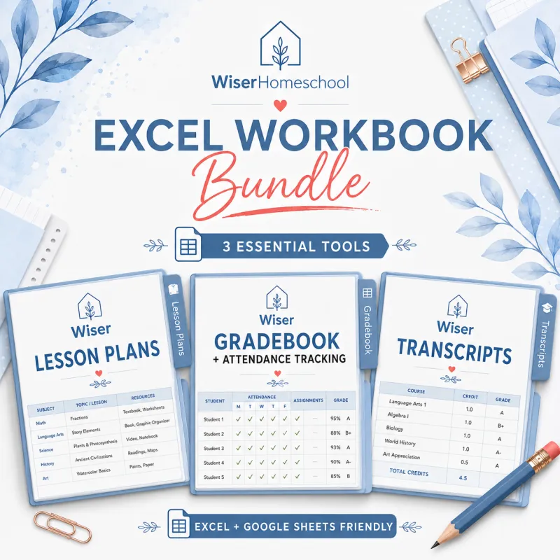 Excel Triple Bundle: Wiser Lesson Plans, Gradebook+Attendance Tracking, & Transcripts