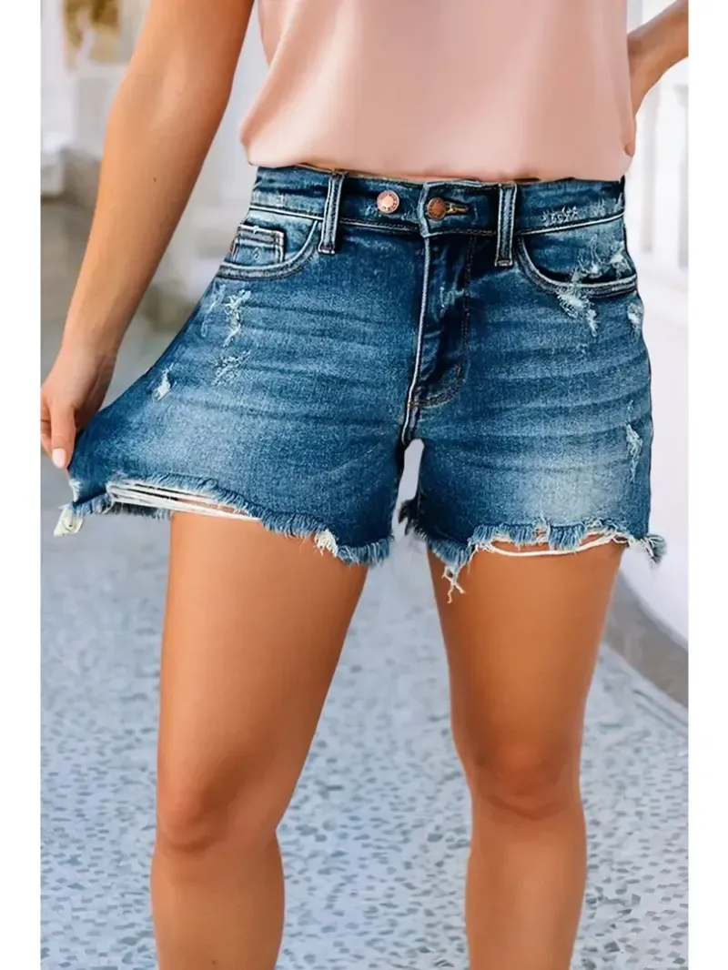 Asymmetric Distressed Denim Shorts