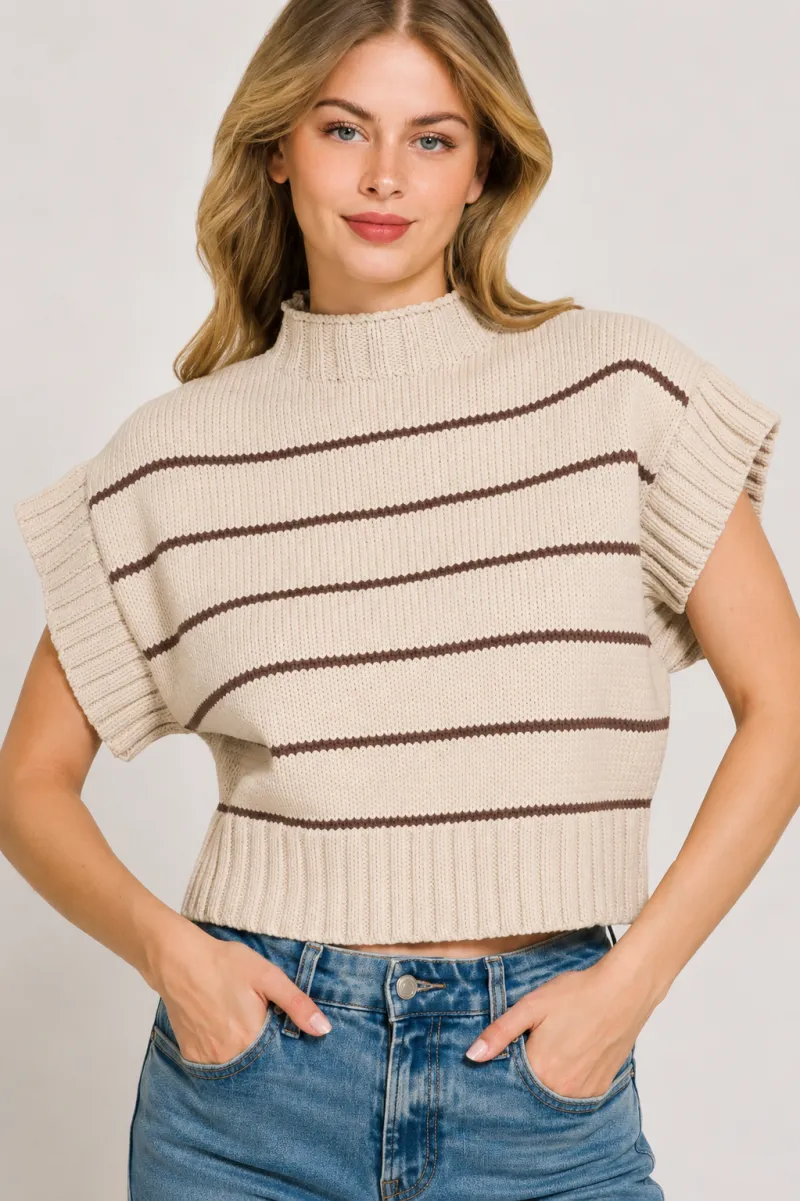 Striped Cropped Mock Neck Sweater