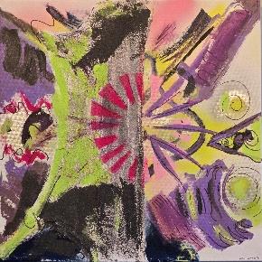 Energetic Release  Acrylic and Spray paint, fabric, sharpie on Canvas 24 x 24 inches 2024