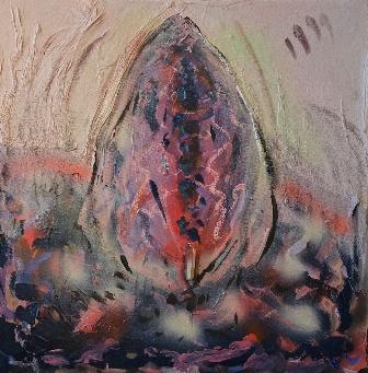 Womb Healing Feat. Dina Fortune (fellow artist) Acrylic, Spray paint, fabric on Canvas 24 x 24 inches