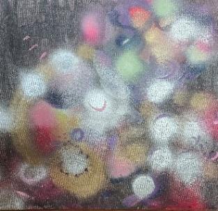 Orbs in Space Spray paint and oil pastel on canvas 20 x 20 inches