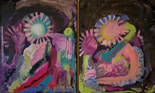 Kiss, Hug Diptych Acrylic and Spray paint on Canvas 36 x 24 inches overall