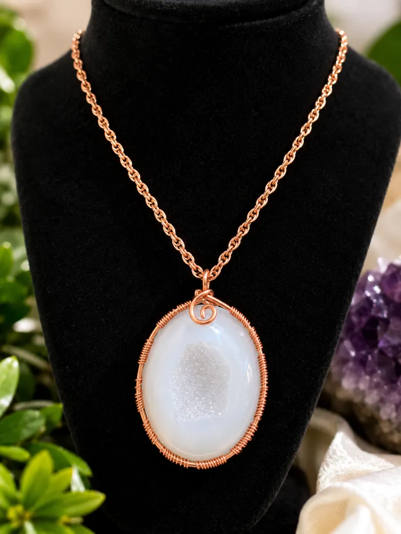 Copper-Wrapped White Druzy Agate Necklace