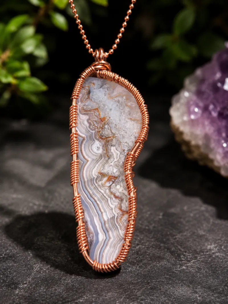 Copper-Wrapped Druzy Lace Agate Necklace