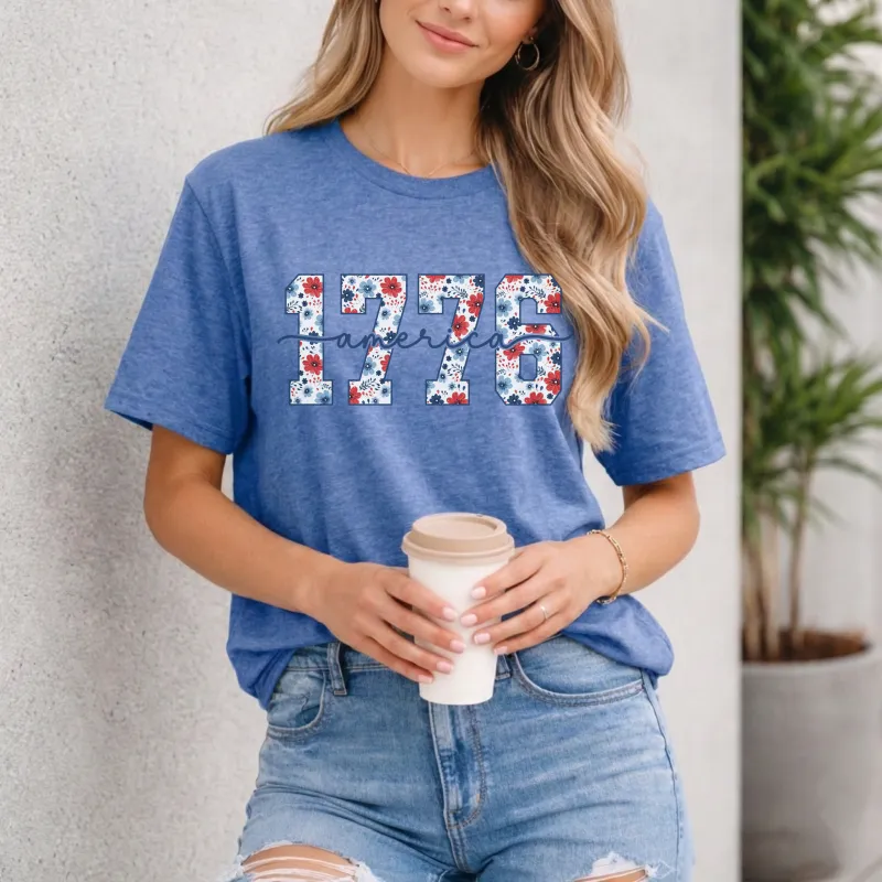America 1776 on Heather Royal color Gildan Tee Shirt