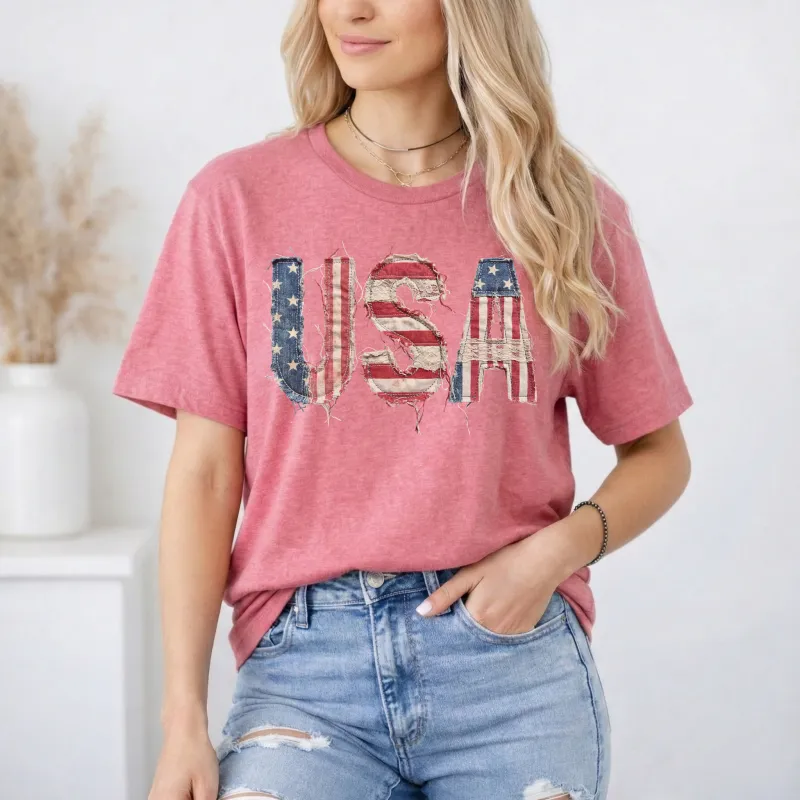 Patchwork USA on Heather Cardinal Red color Gildan Tee Shirt