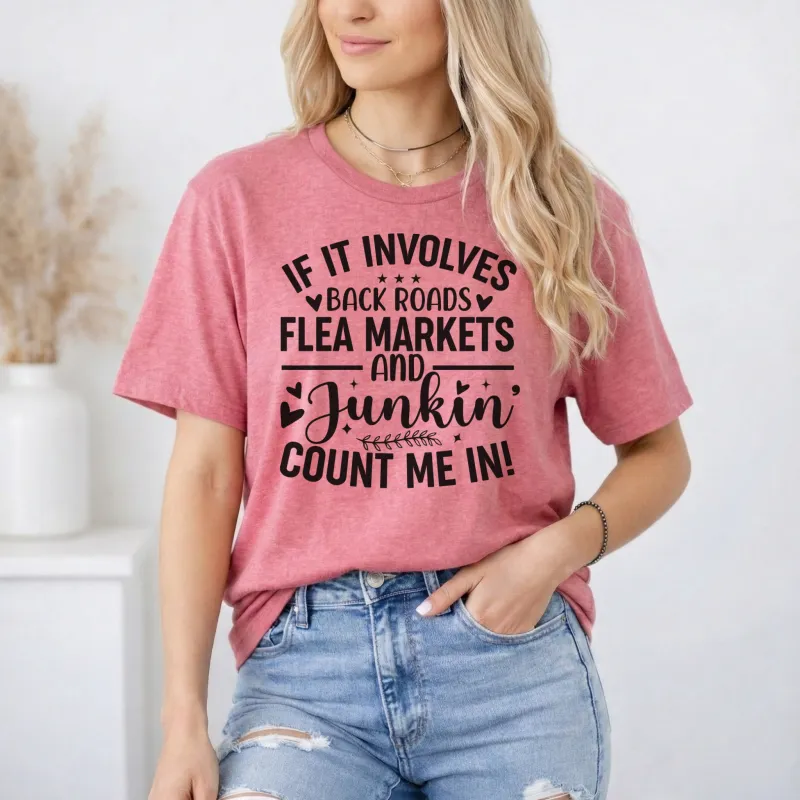 Back Roads Junkin - Count Me In on Heather Cardinal Red color Gildan Tee Shirt