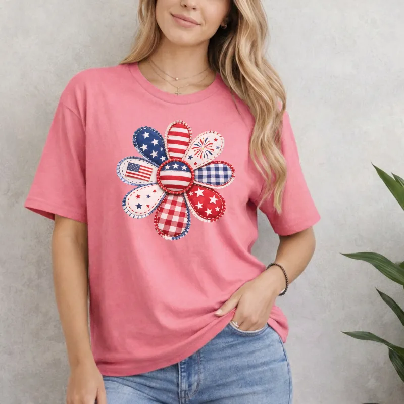 Patriotic Daisy on Coral Silk color Gildan Tee Shirt