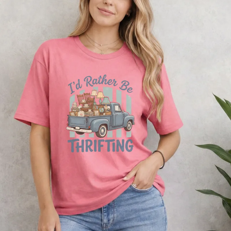 I'd Rather Be Thrifting w/Truck on Coral Silk color Gildan Tee Shirt
