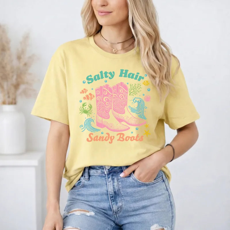 Salty Hair Sandy Boots on Corn Silk color Gildan Tee Shirt