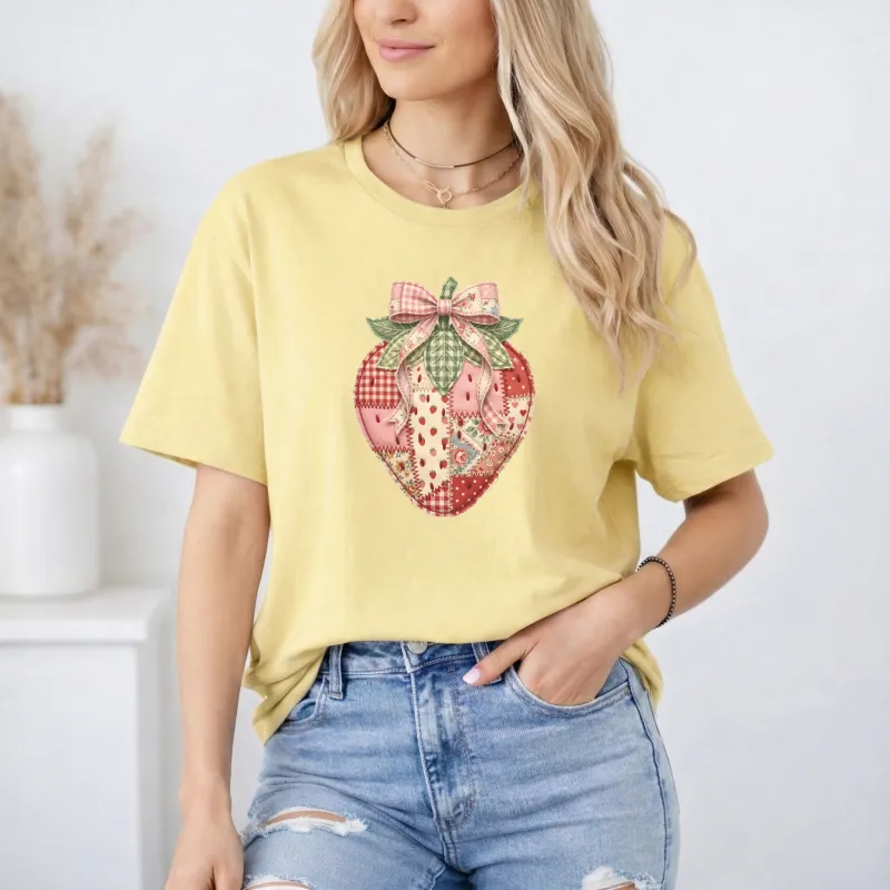 Patchwork Strawberry on Corn Silk color Gildan Tee Shirt