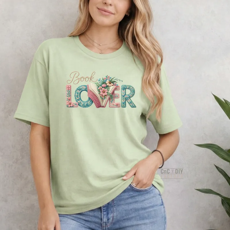 Book Lover Knitted Look on Pistachio color Gildan Tee Shirt