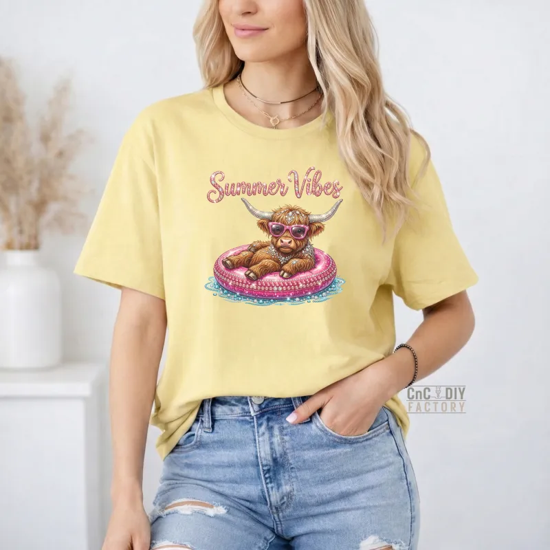  Rhinestone Highland Cow Summer Vibes on Corn Silk color Gildan Tee Shirt