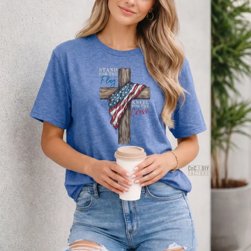 Stand for the Flag, Kneel for the Cross on Heather Royal color Gildan Tee Shirt