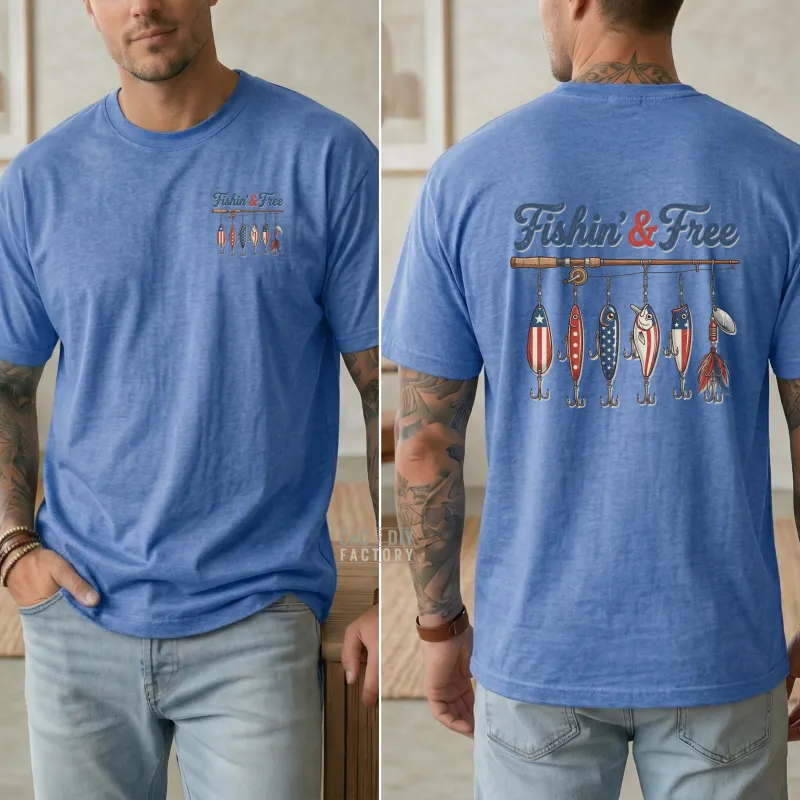 Fishin' & Free on front and back on Heather Royal color Gildan Tee Shirt