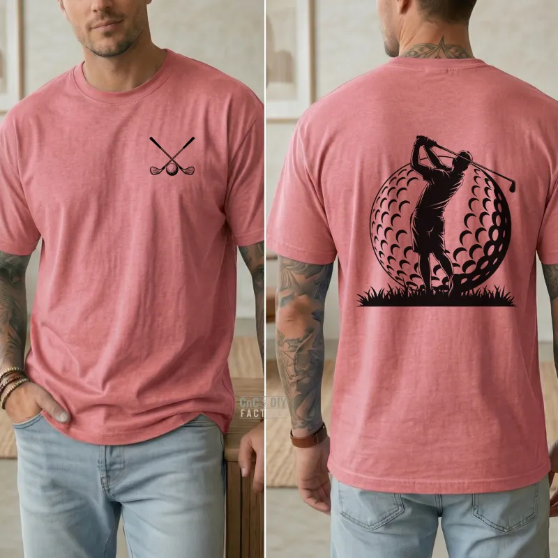 Golfing Swing and Clubs on front and back on Heather Cardinal Red color Gildan Tee Shirt