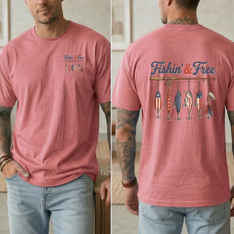 Fishin' & Free on front and back on Heather Cardinal Red Gildan Tee Shirt