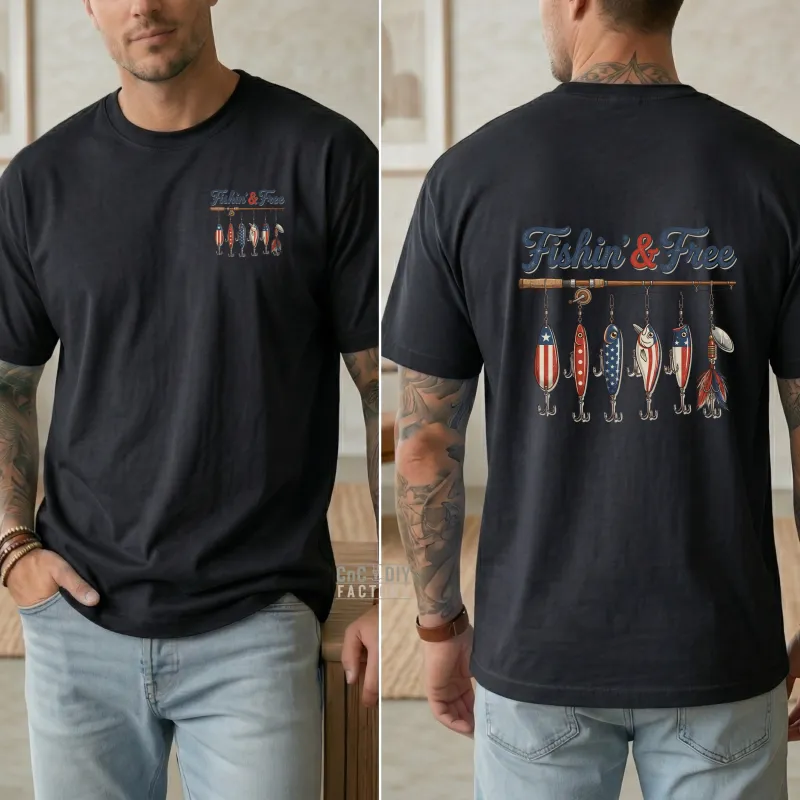 Fishin' & Free on front and back on Black color Gildan Tee Shirt