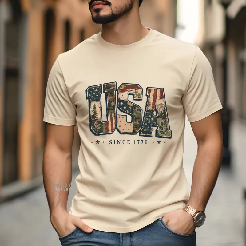 USA since 1776 Patchwork and Camo on Sand color Gildan Shirt