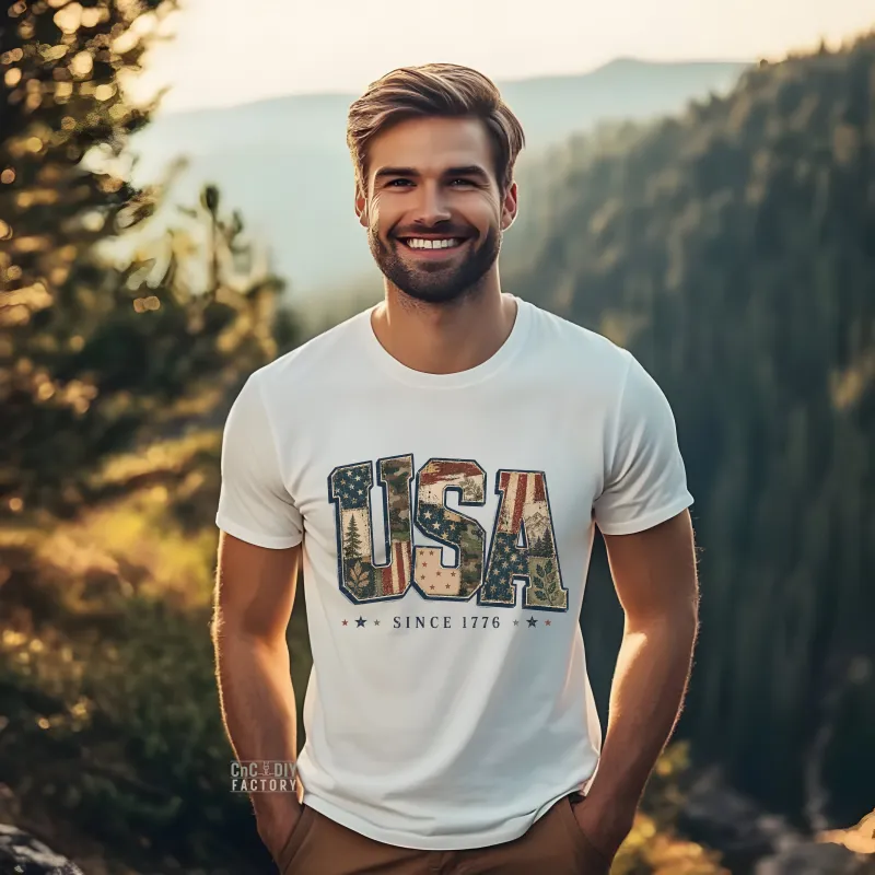 USA Since 1776 Patchwork and Camo on White color Gildan Tee Shirt