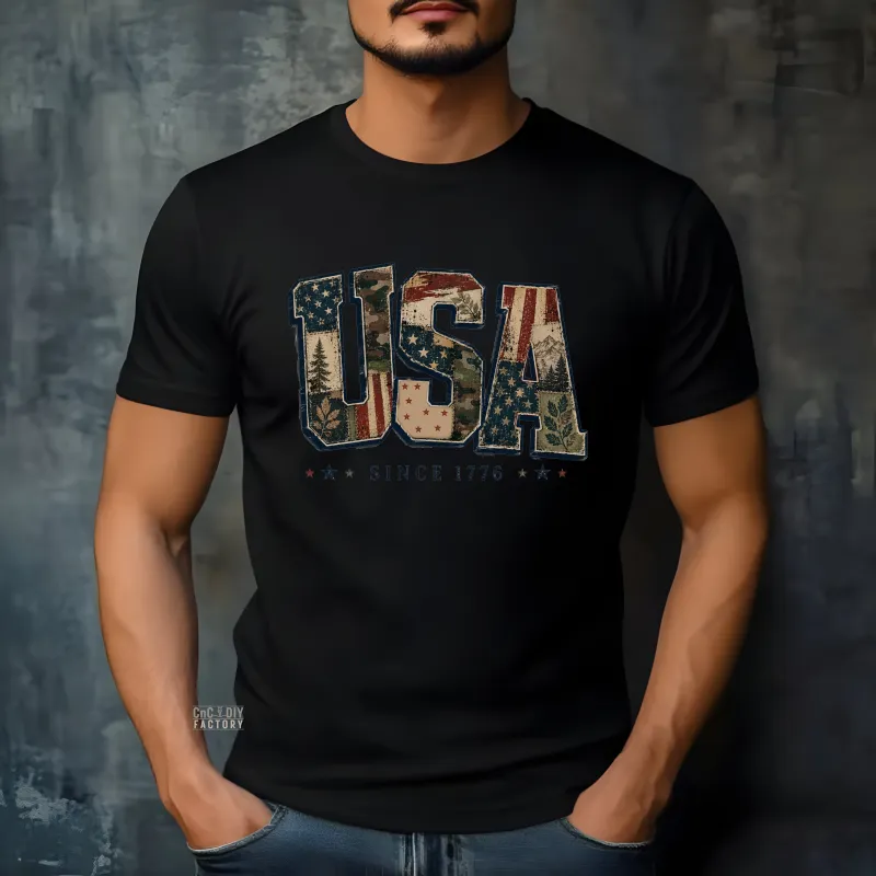 USA Since 1776 Patchwork and Camo on White color Gildan Tee Shirt