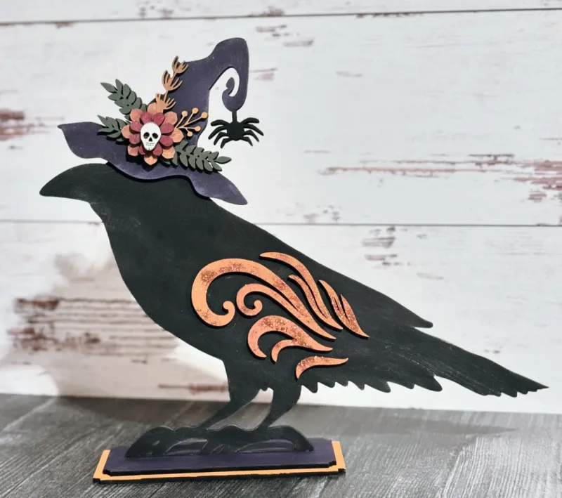 Raven in a Witch Hat with Boho Flowers – Layered DIY Shelf Sitter