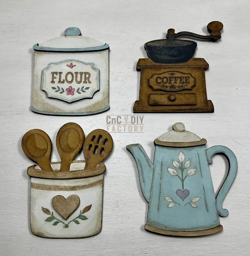 Country Kitchen Magnet Set – 4-Piece DIY Set Laser Cut Layered 
