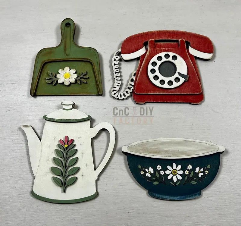 Retro Kitchen Magnet Set – 4-Piece DIY Set Laser Cut Layered