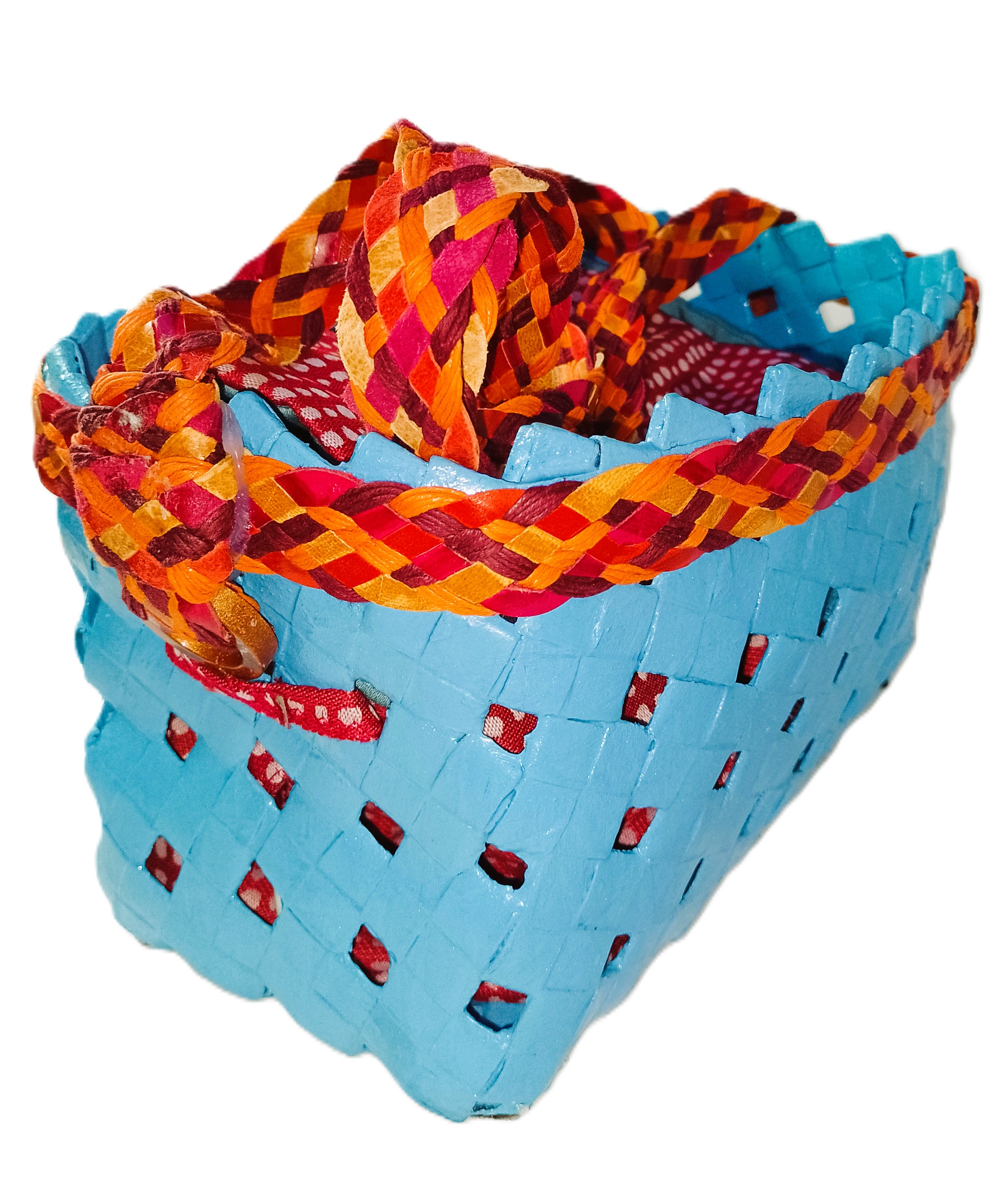  Sac artisanal bleu clair tressé — doublure imperméable rouge — anses médiévales