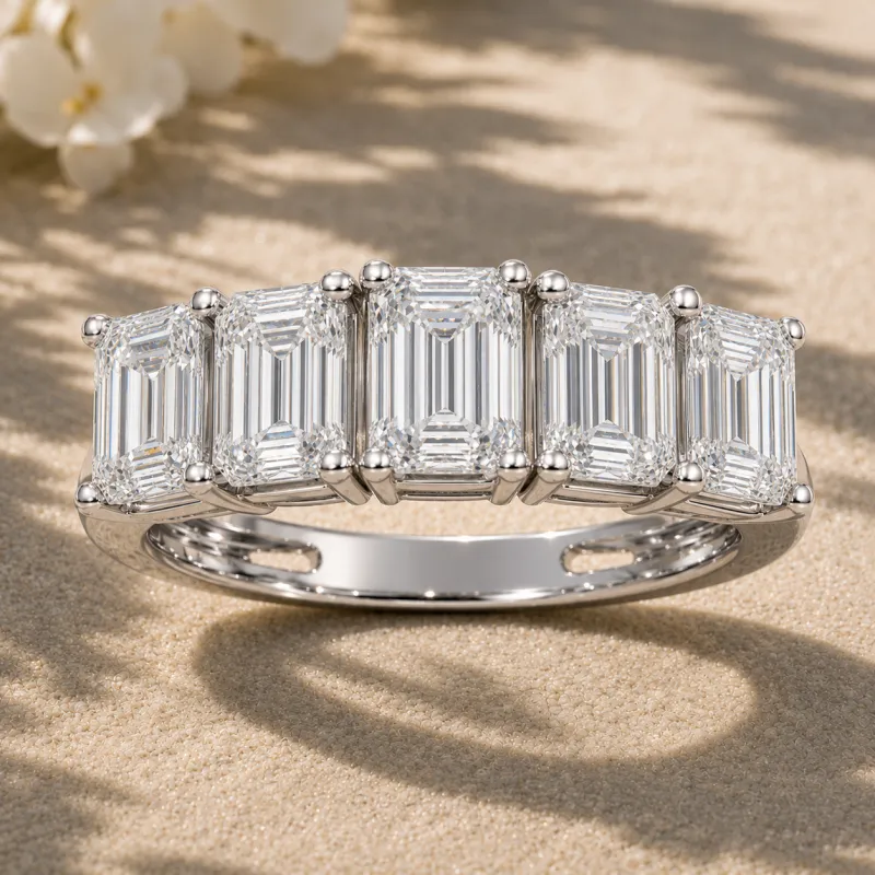 5-Stone Emerald Diamond Wedding Band (White Gold)