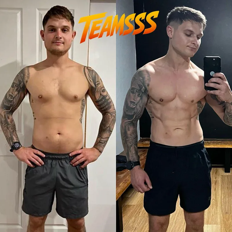 Client before and after physique transformation shown side by side.