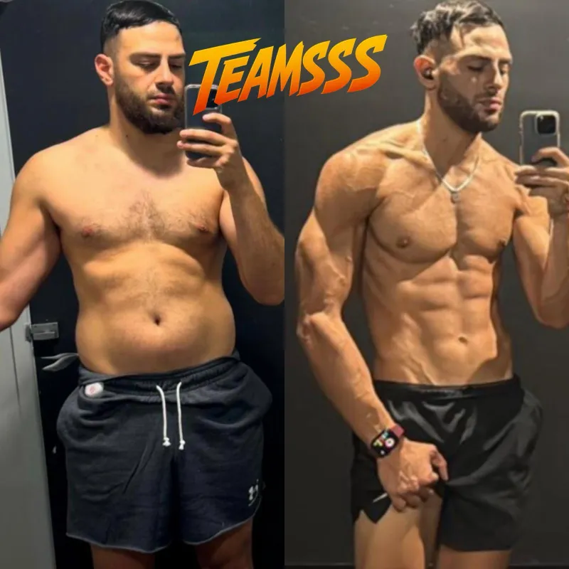 Client before and after muscular physique transformation shown side by side.