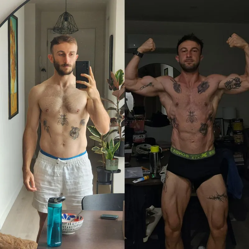 Client before and after fat-loss transformation shown side by side.