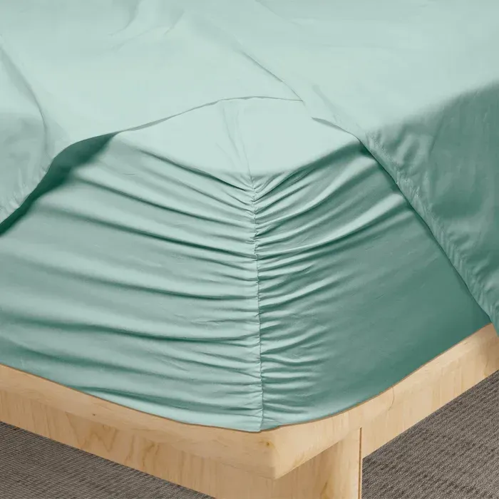 PureCare Weightless Cotton Sheets in Seafoam, styled