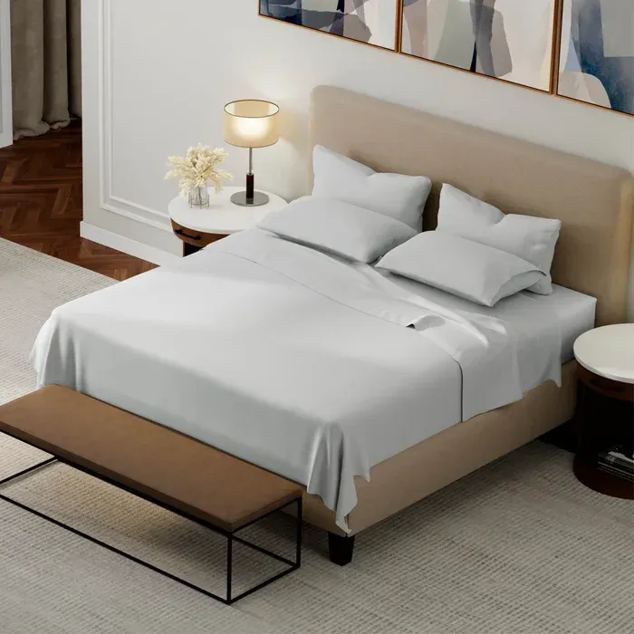 PureCare Weightless Cotton Sheets in Coastal Gray, styled