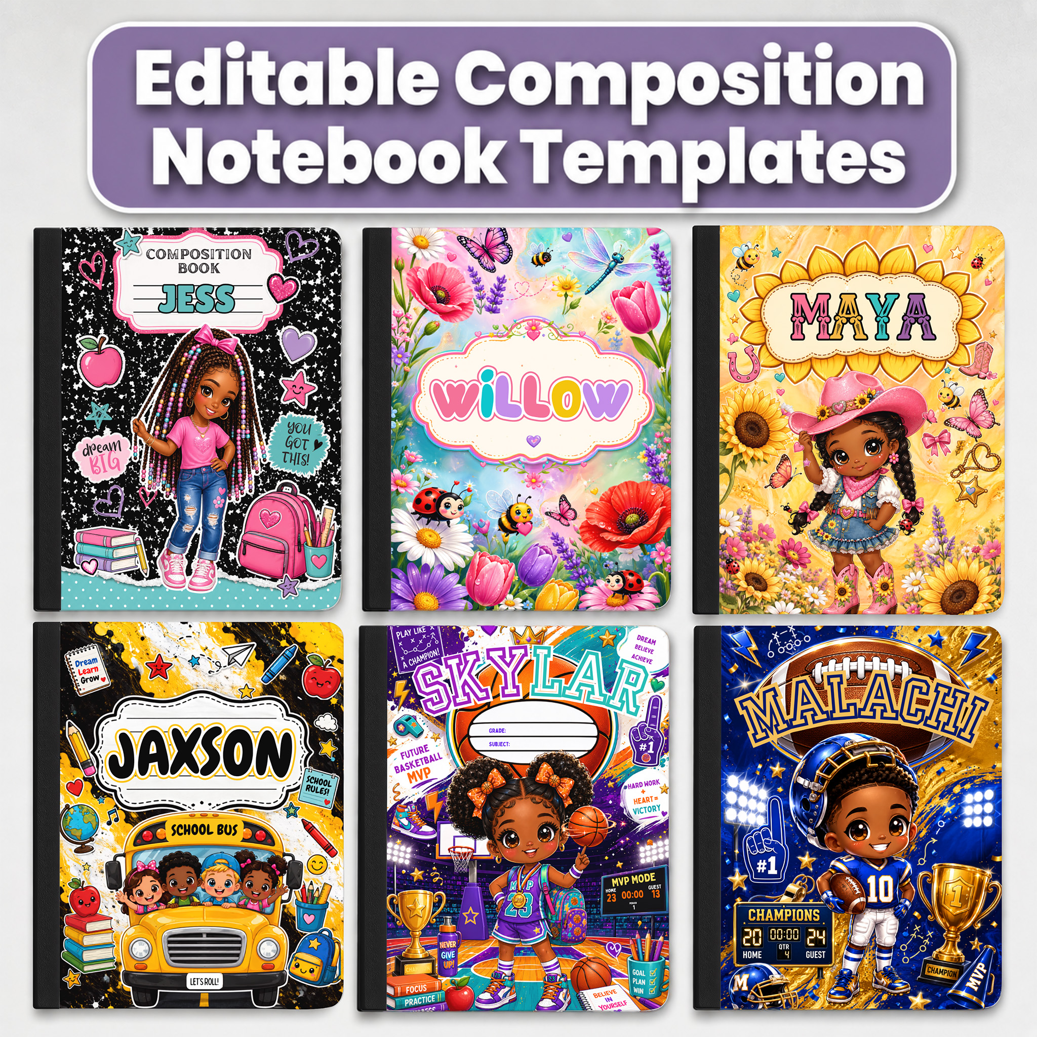 Composition Notebook Cover Template Bundle - 70 Editable Canva Designs with Mockups