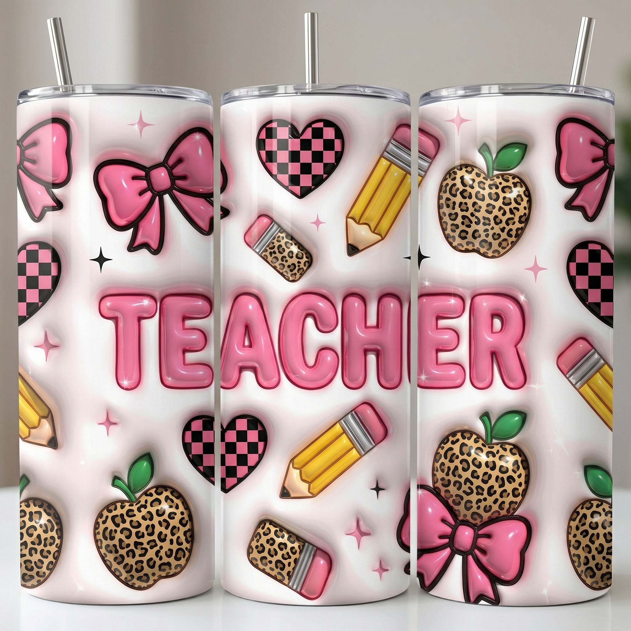 Teacher Tumbler Wrap - 3D Inflated Pink Bow Leopard Apple Design