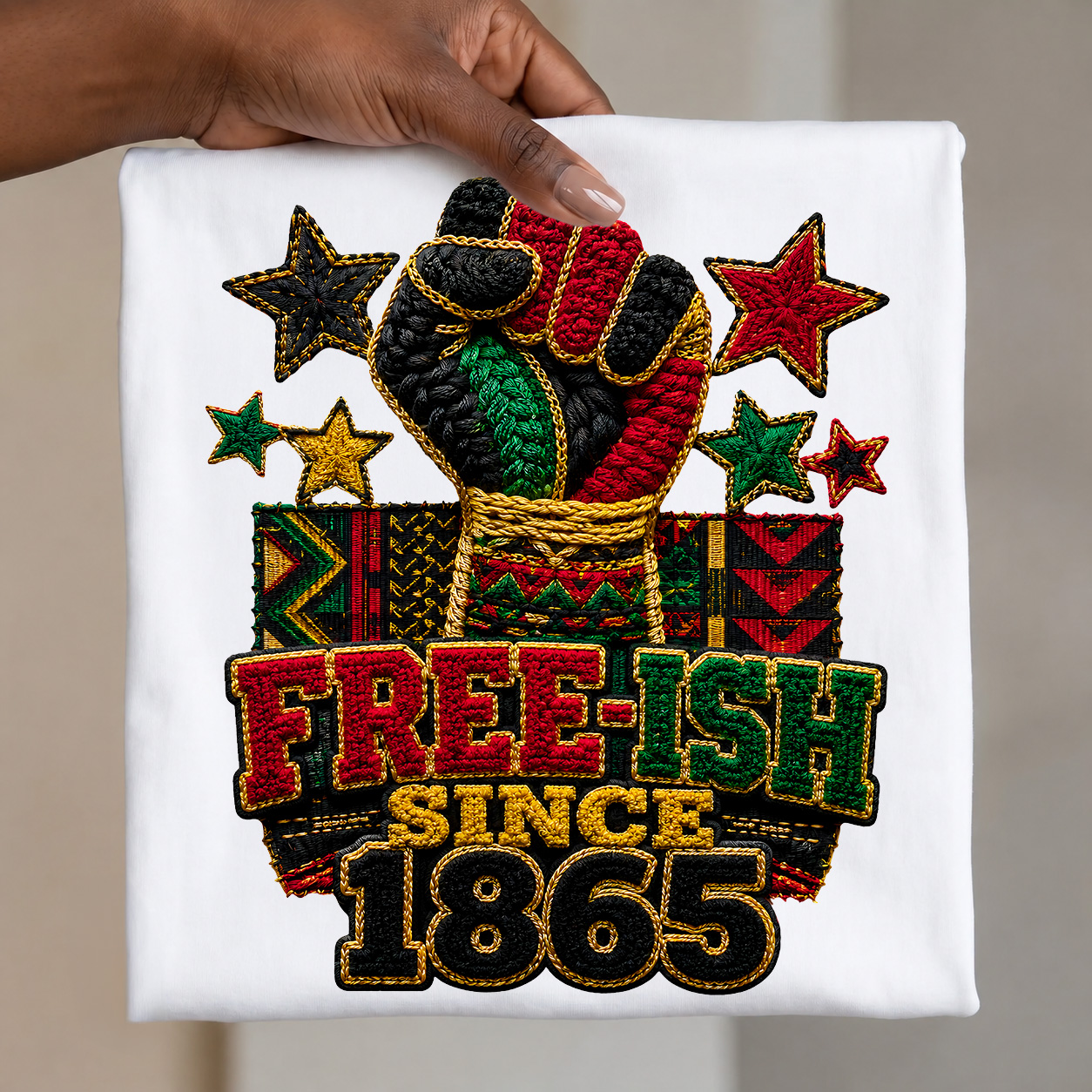 Freeish Since 1865 PNG - Raised Fist Yarn Crochet Style Juneteenth Design